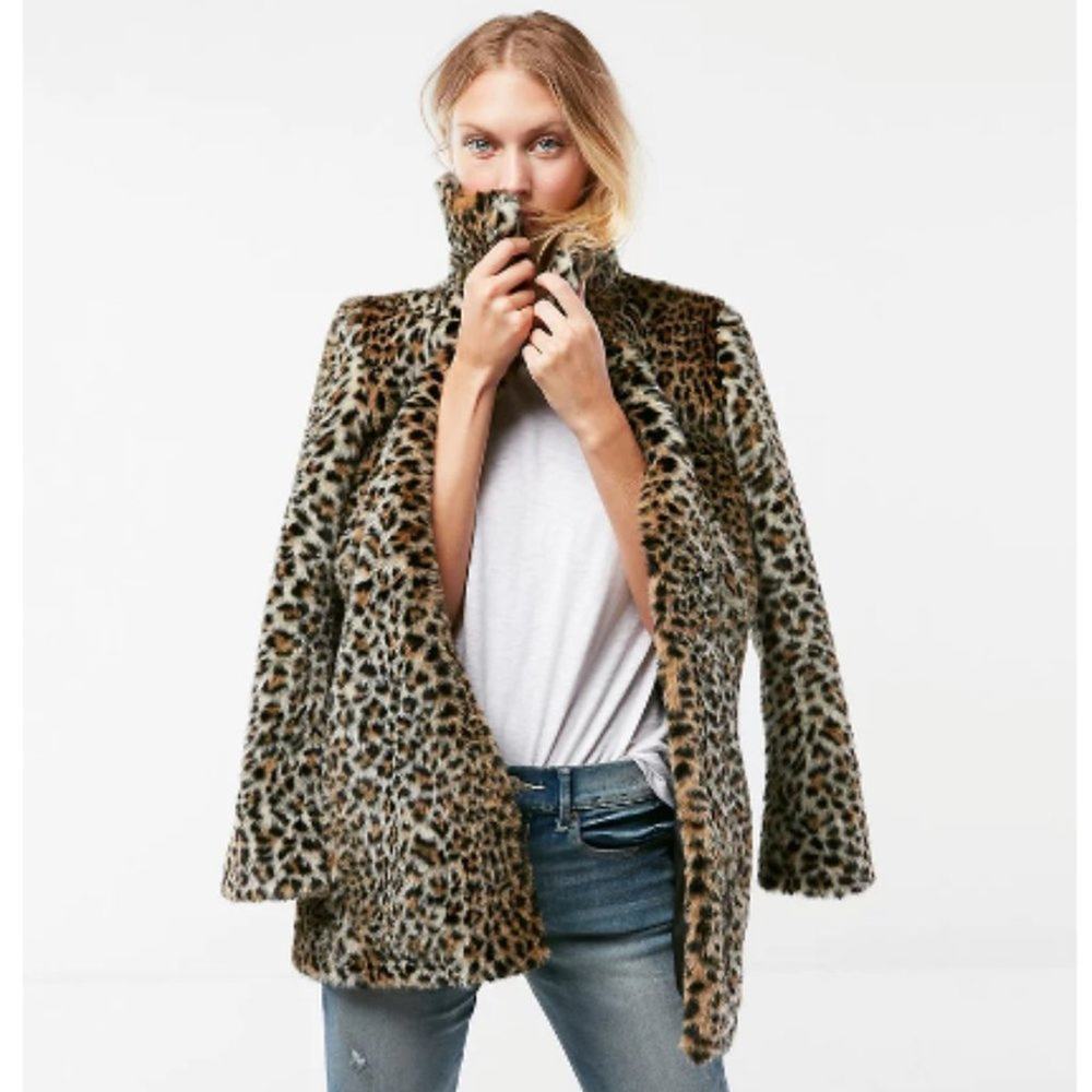 Express Leopard Faux Fur Coat Jacket Brown Black XS